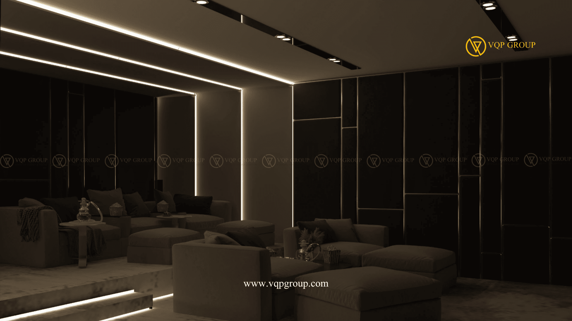 Panel trang âm Home Cinema Vinhomes Skylake kết hợp sofa và ánh sáng kiến trúc