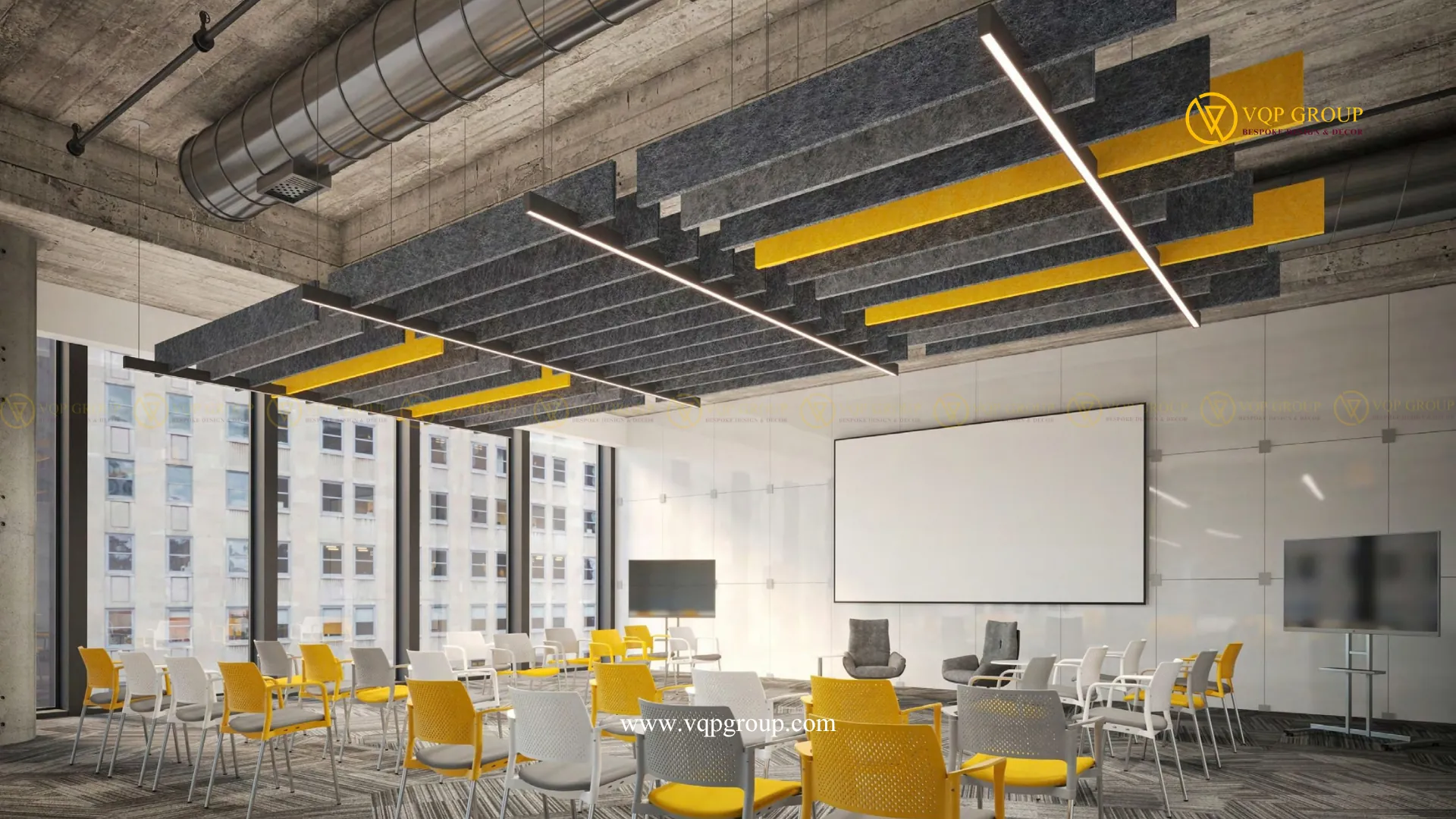 Baffle PET Acoustic màu xám vàng cho phòng workshop và đào tạo