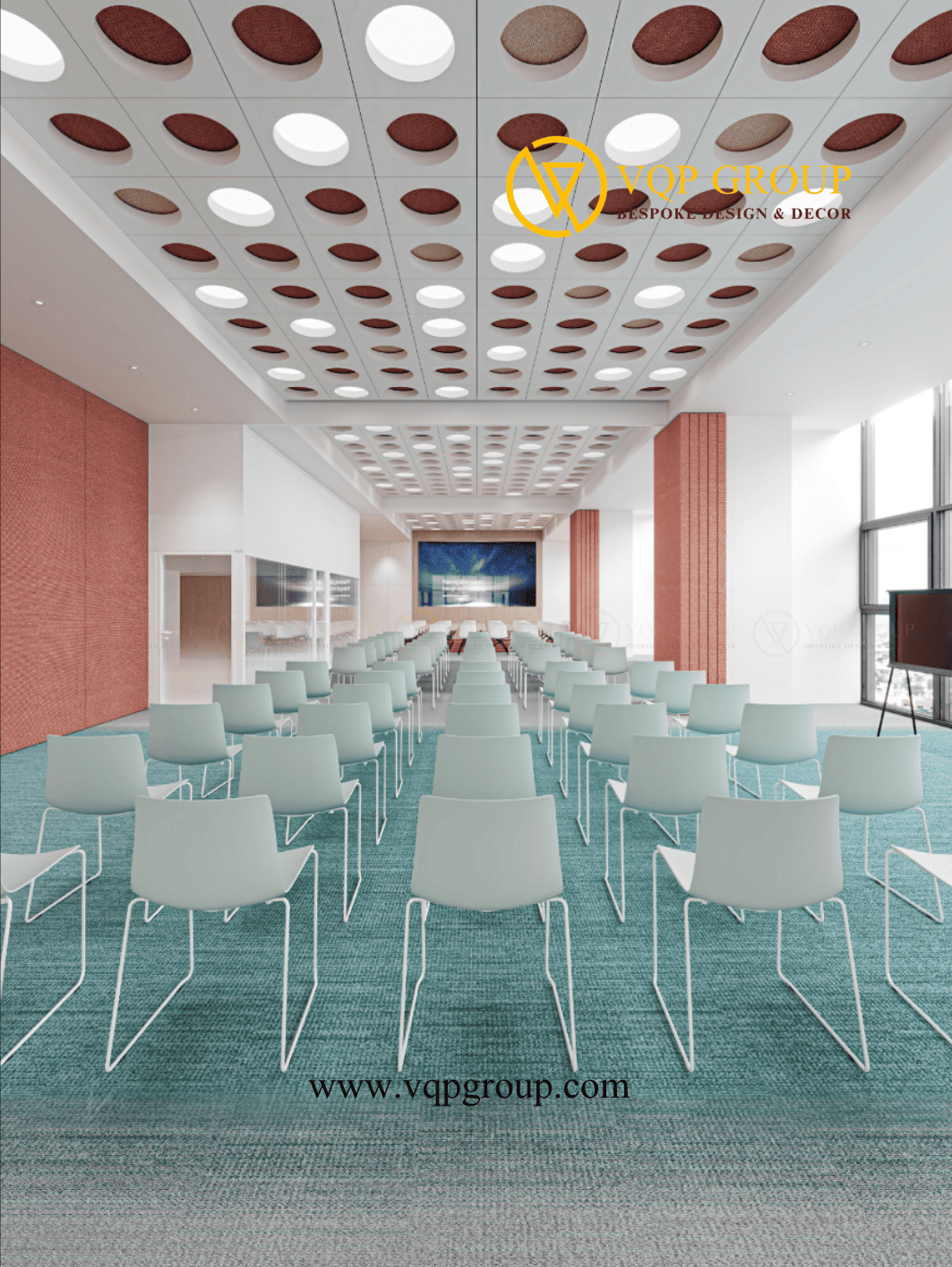 Không gian đa năng tông xanh với hệ trần PET Acoustic dạng tròn