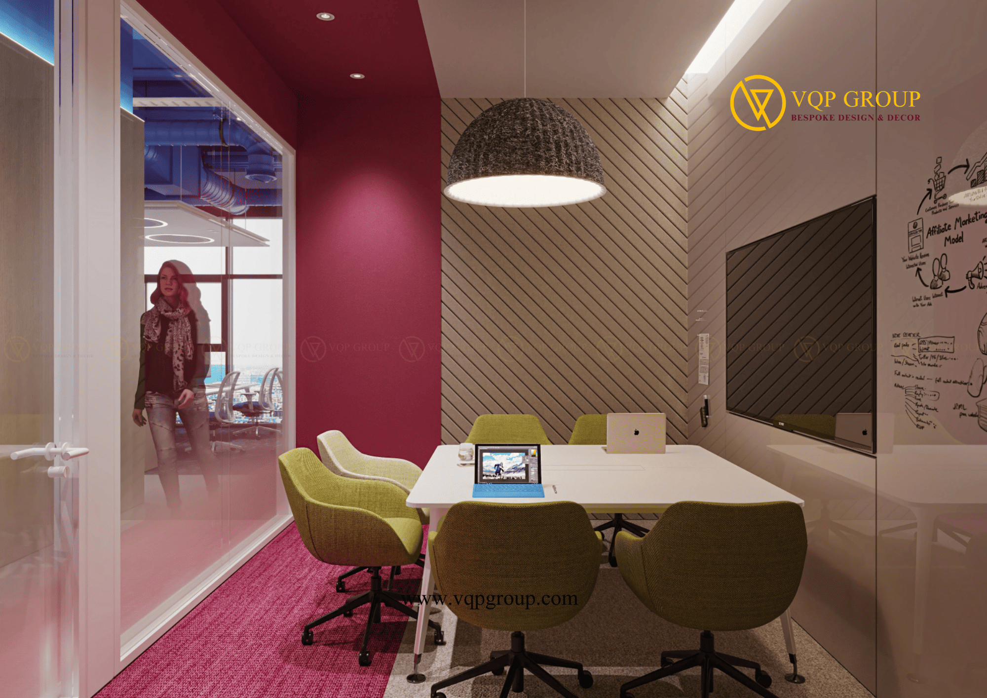 Góc phòng họp tích hợp vật liệu PET Acoustic và khu vực màn hình trình chiếu