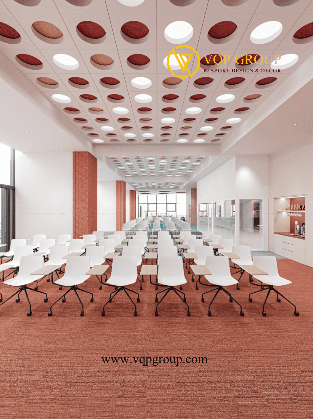Góc chính diện phòng đào tạo sử dụng hệ trần PET Acoustic