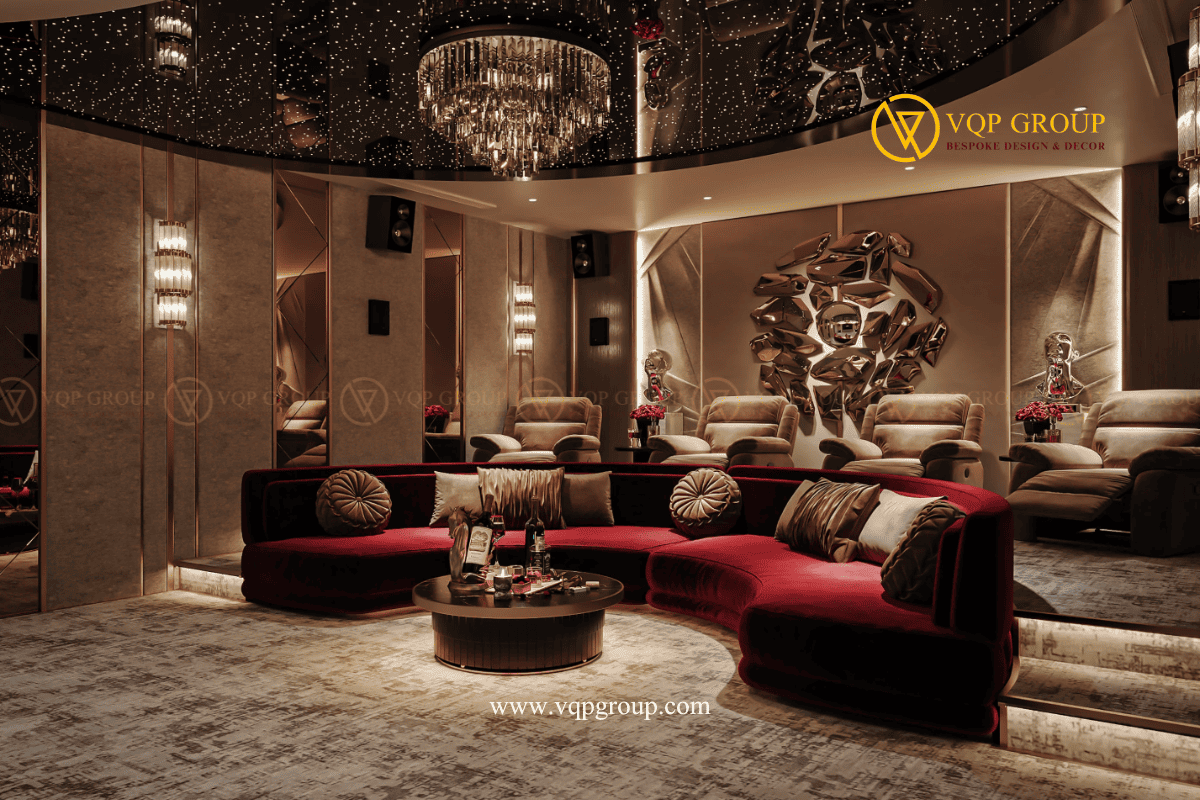Phòng chiếu phim gia đình Ciputra Hanoi với màn hình lớn và sofa vòng cung
