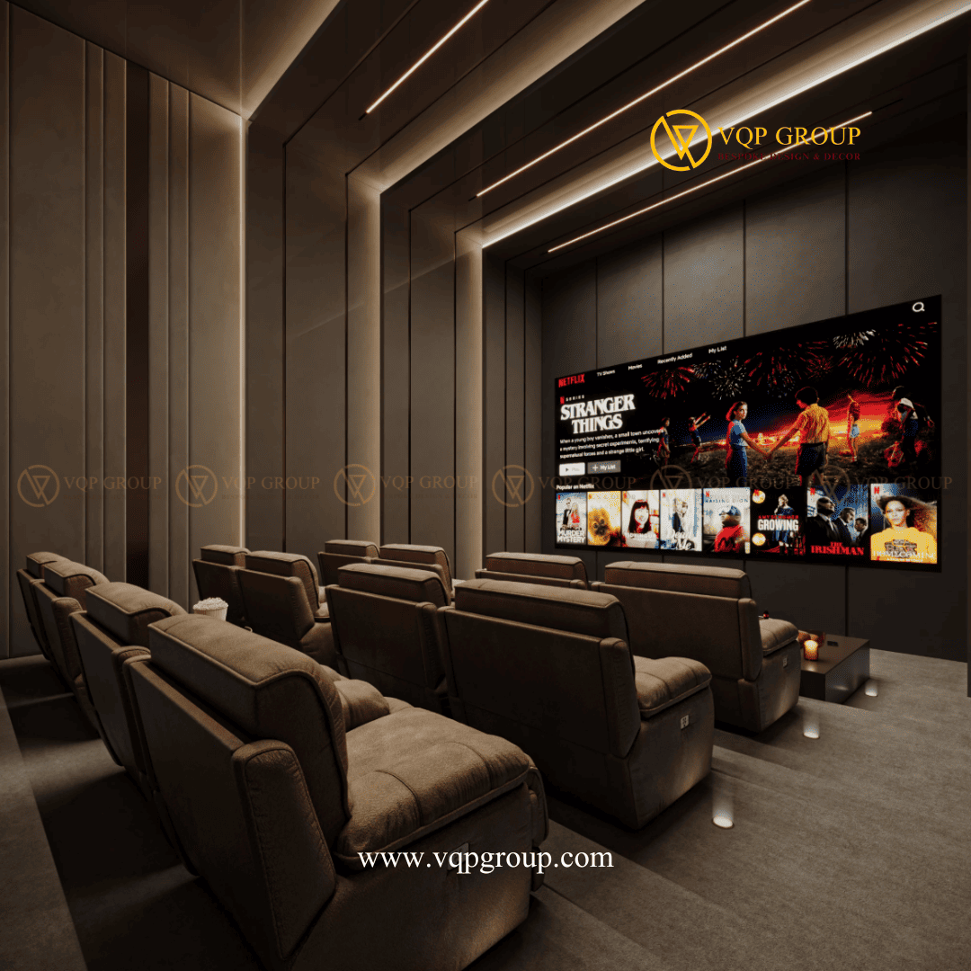 Phòng chiếu phim gia đình Home Cinema Starlake Tây Hồ Tây với màn hình lớn và nhiều hàng ghế