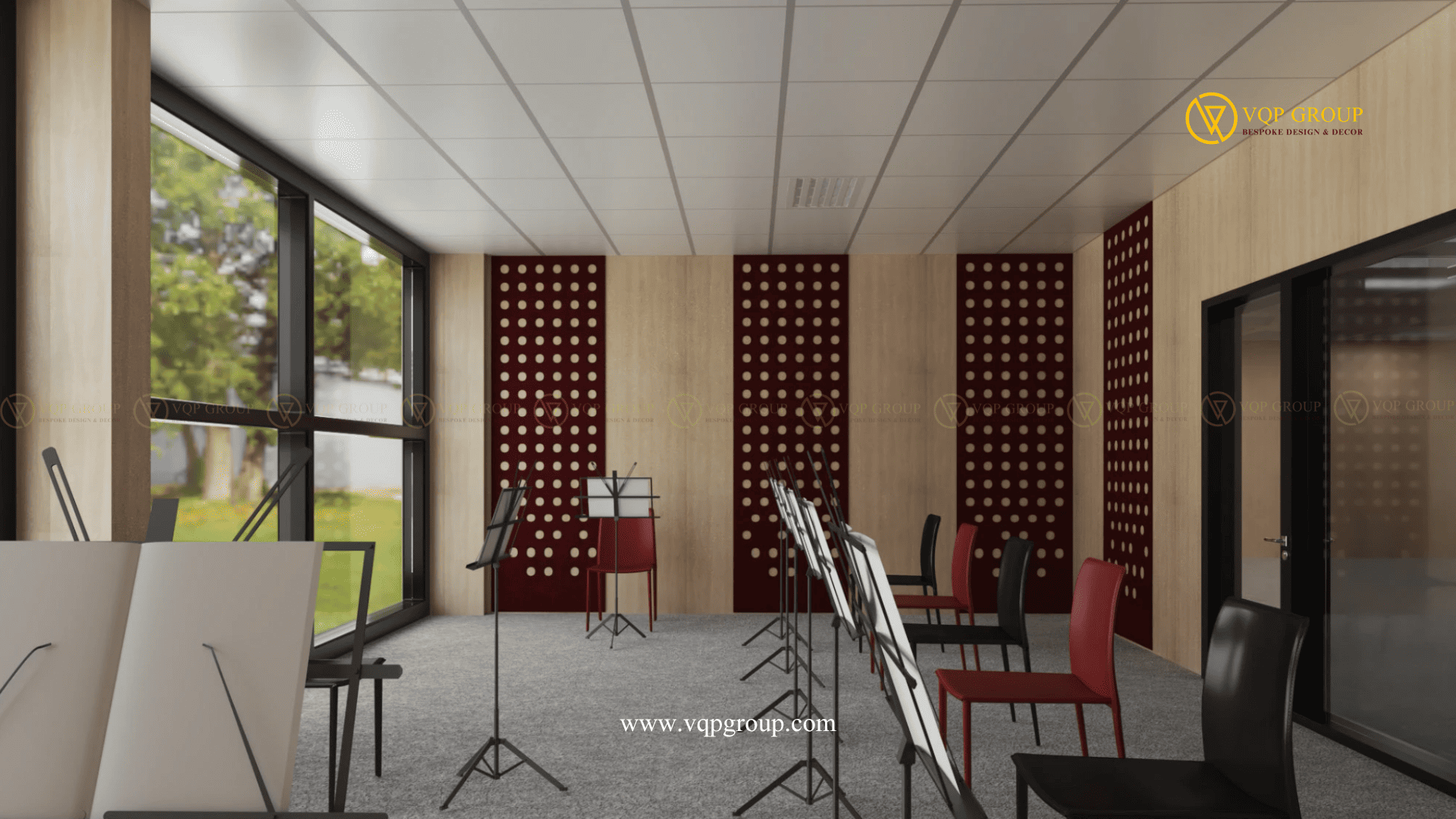 Phòng học âm nhạc với PET Acoustic Burgundy và hệ tường gỗ tiêu âm