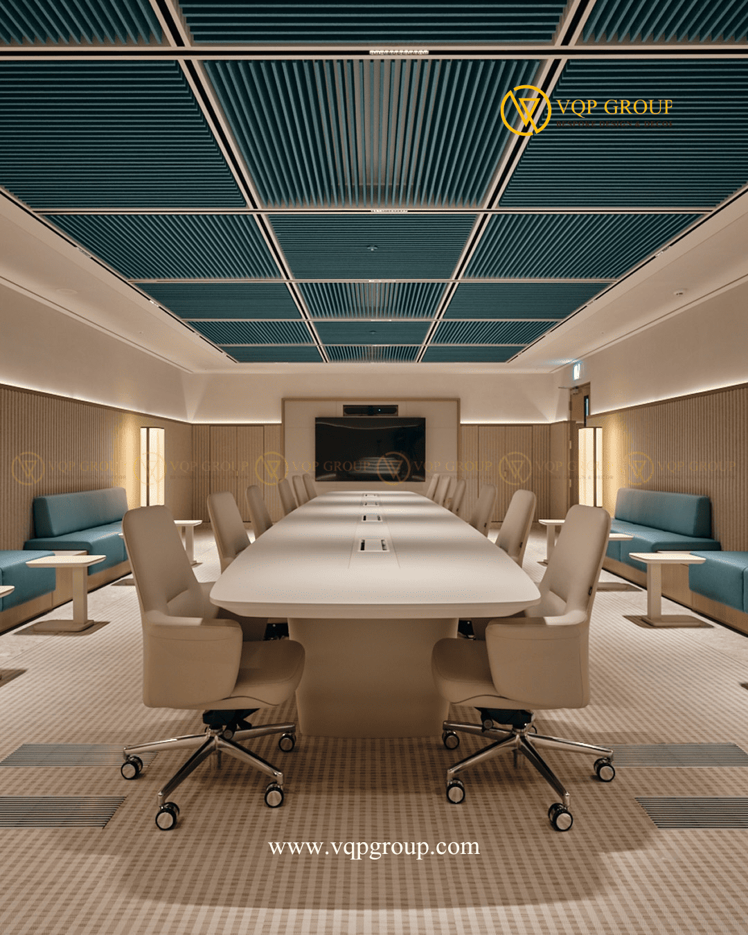 Phòng họp Workplace Acoustic Design với hệ trần tiêu âm màu xanh