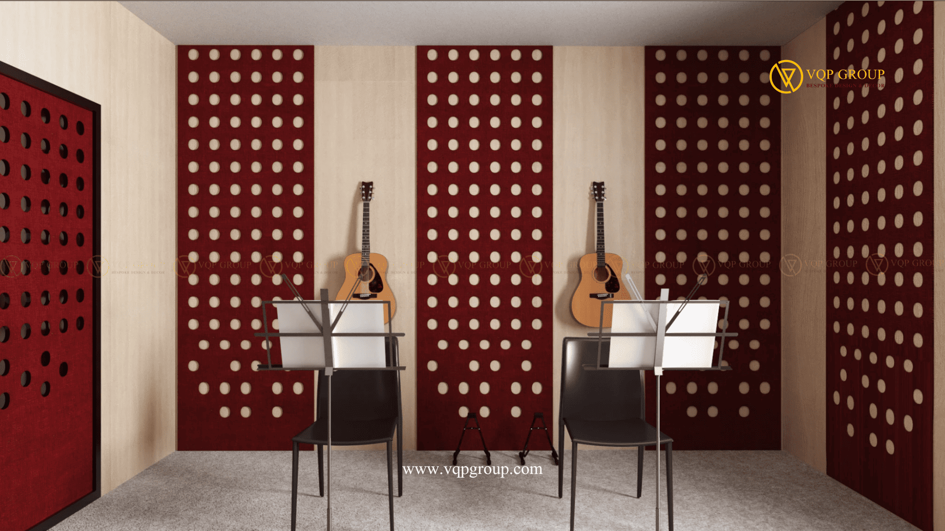 Phòng luyện guitar sử dụng PET Acoustic Burgundy và Acoustic Wood