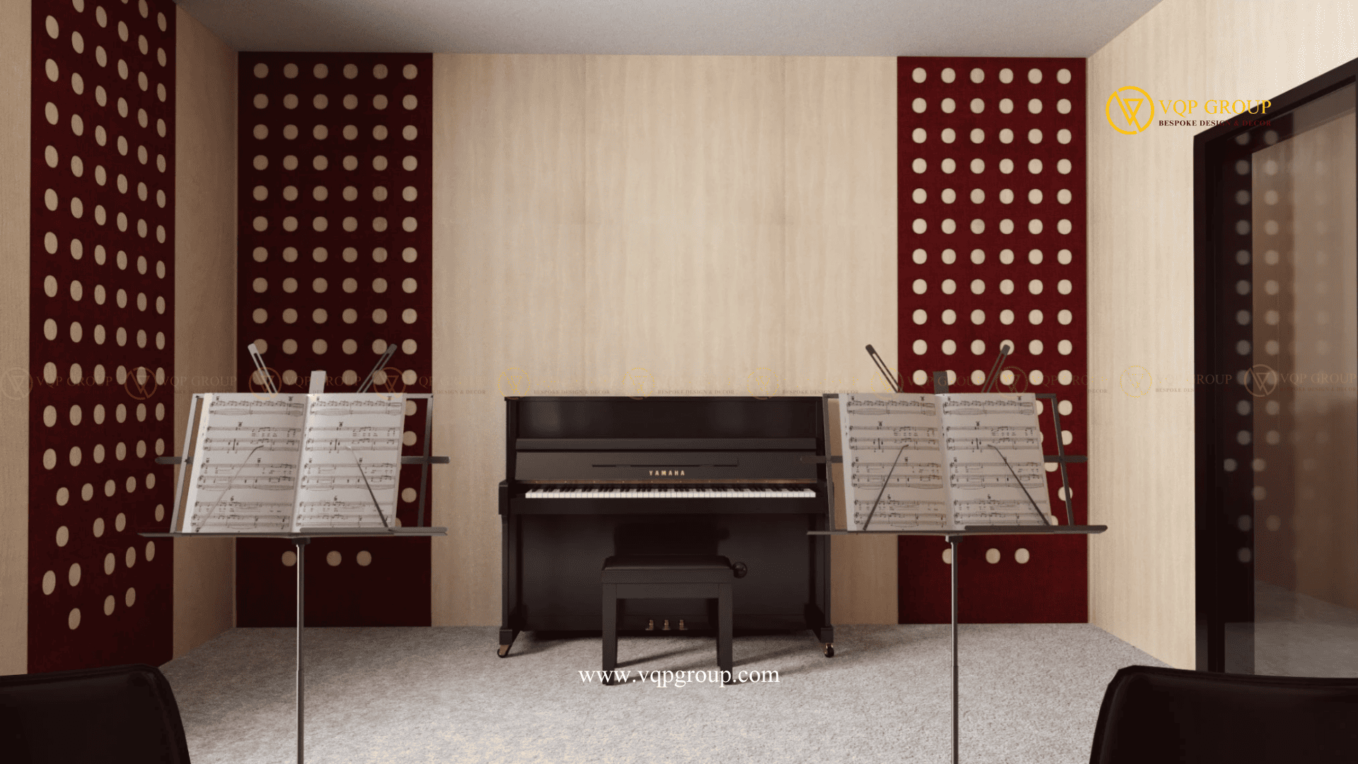 Phòng học piano với PET Acoustic Burgundy và gỗ tiêu âm