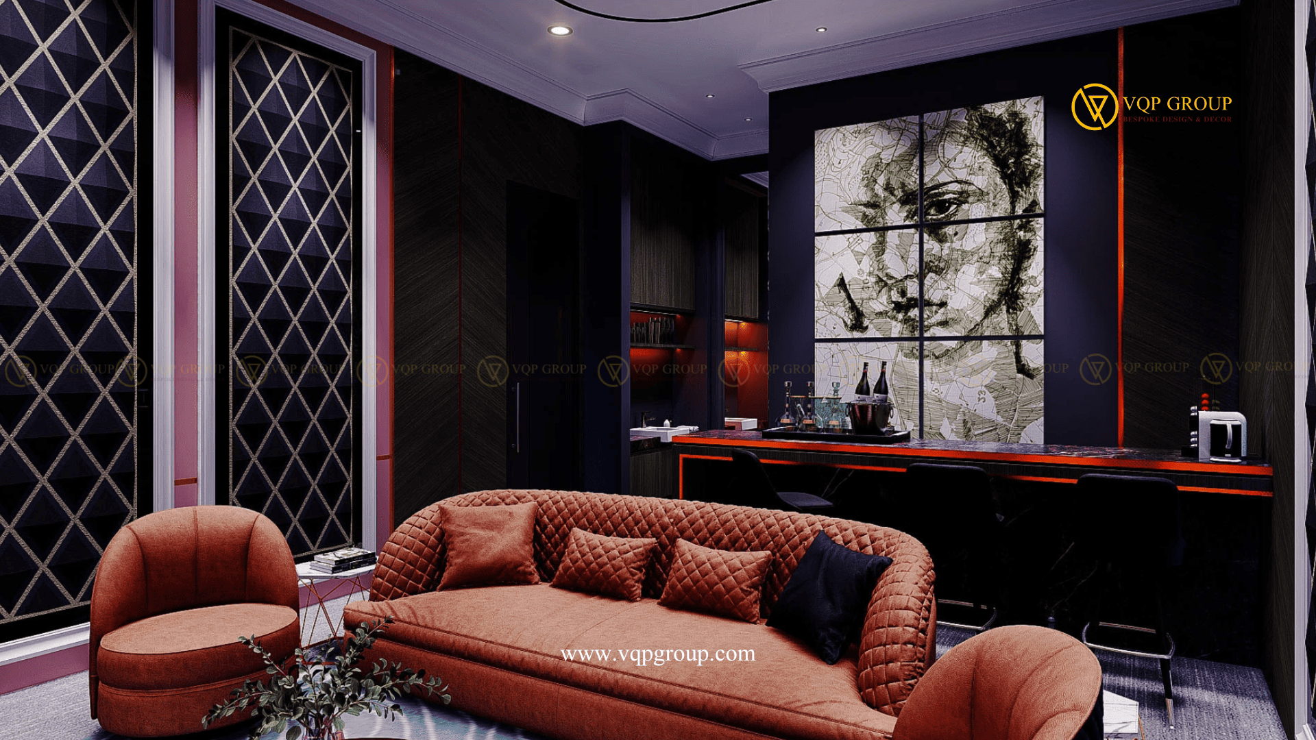 Private Bar trong Rosewood Cinema Lounge Vinhomes The Harmony với sofa rosewood và artwork lớn
