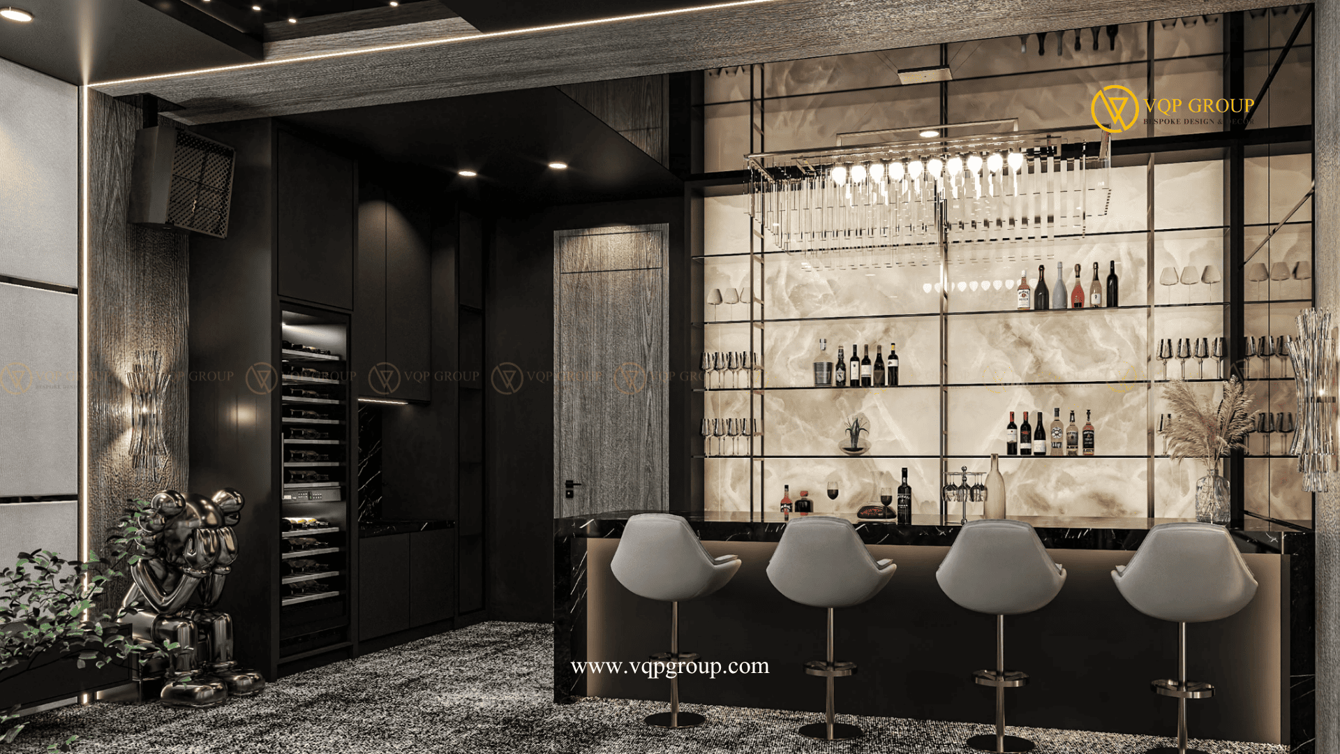 Private Bar biệt thự Vinhomes Green Bay Mễ Trì với quầy bar tủ rượu và hệ kệ trưng bày