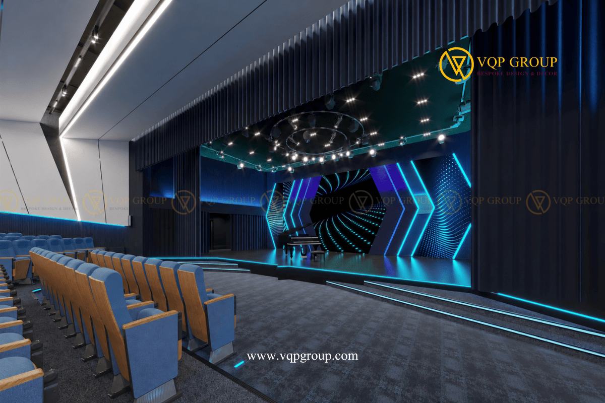 Sân khấu biểu diễn Future Acoustic Auditorium Hà Nội với màn hình digital và piano