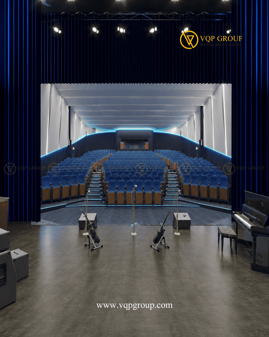 Sân khấu Future Acoustic Auditorium với micro guitar piano và khán phòng phía trước