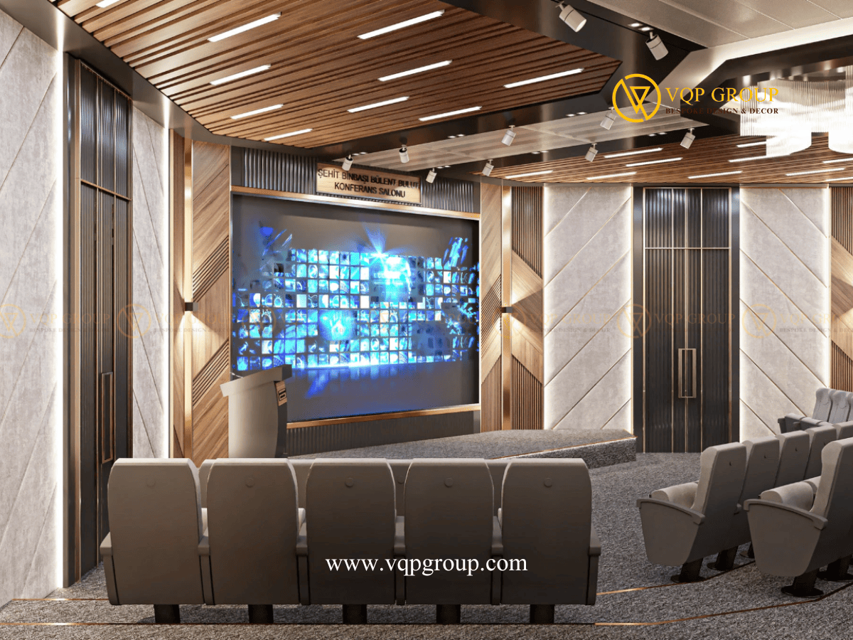 Sân khấu hội trường đa năng trường học Cầu Giấy với màn hình và bục phát biểu
