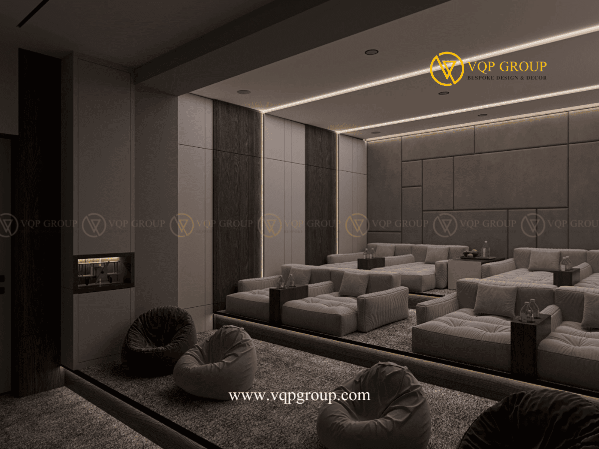 Sofa và bục nâng Home Cinema biệt thự The Botanica Vinhomes Gardenia