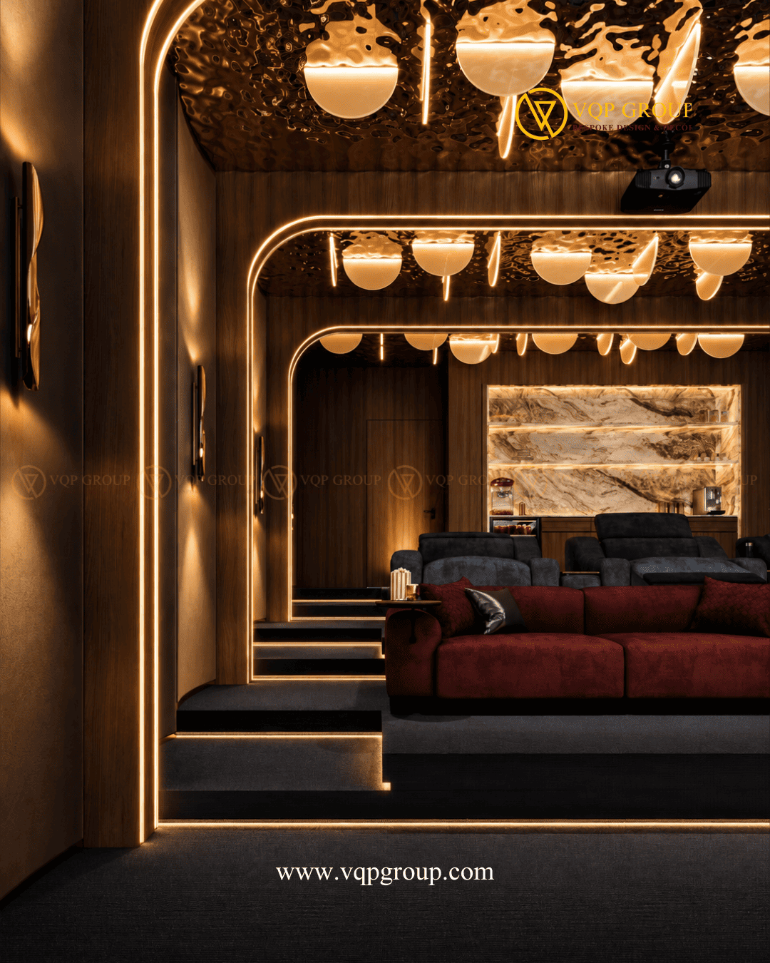 Sofa lounge màu đỏ trong Home Cinema biệt thự Splendora Bắc An Khánh