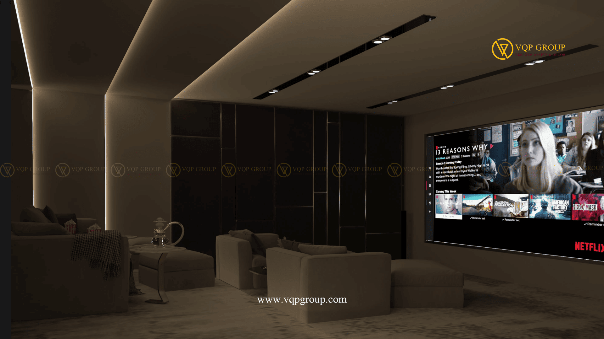 Sofa lounge Home Cinema Vinhomes Skylake Phạm Hùng với hệ ánh sáng khung