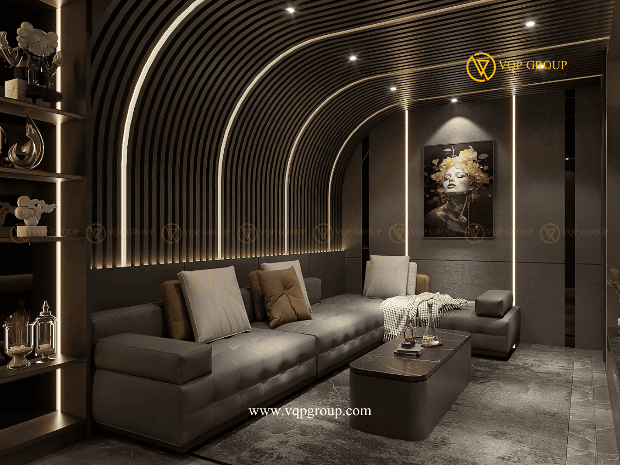 Entertainment Room cao cấp với sofa lounge media wall và hệ nan kiến trúc