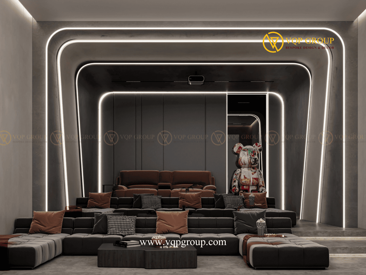 Sofa nhiều tầng trong Home Cinema biệt thự Vinhomes Thăng Long Hà Nội