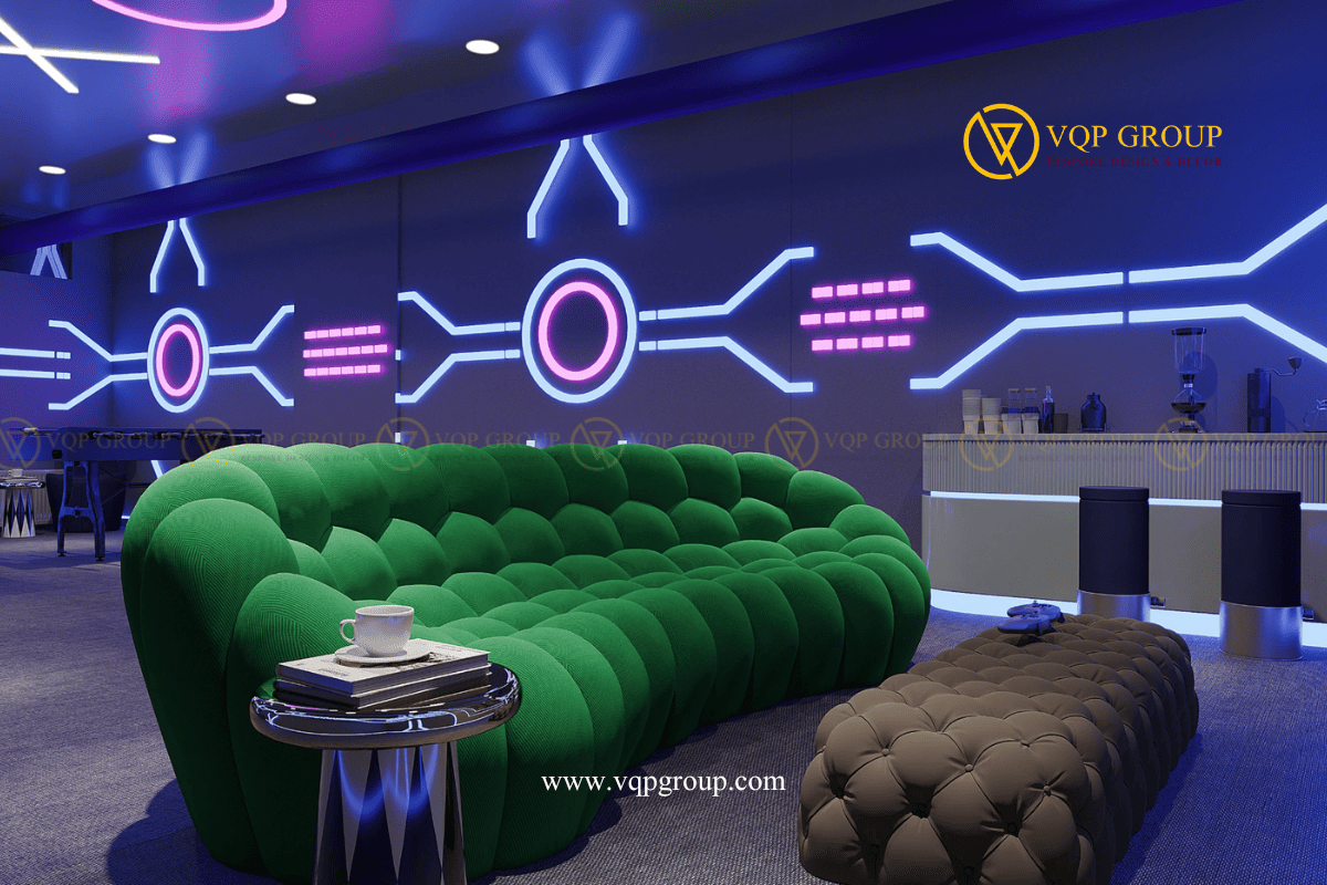 Sofa Lounge và Private Bar trong Neon Circuit Private Game Lounge biệt thự An Hưng