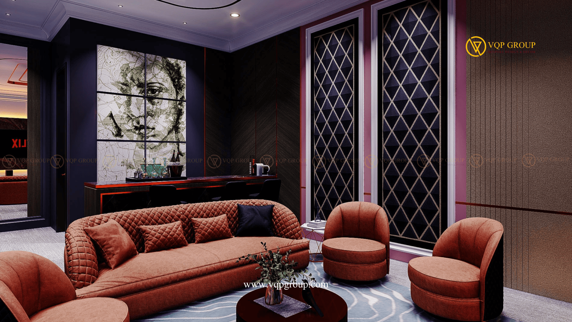 Sofa Rosewood trong Cinema Lounge biệt thự Vinhomes Riverside The Harmony Long Biên