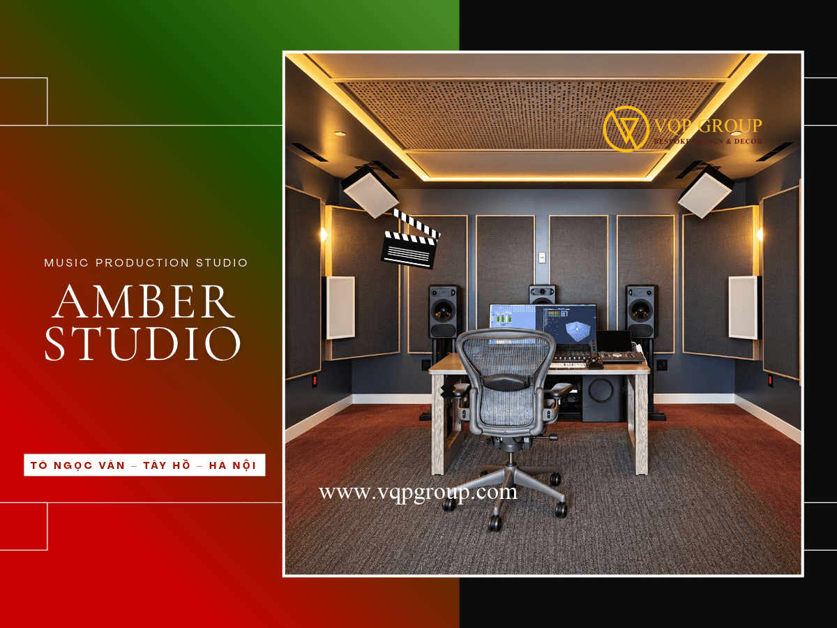 Thi công phòng thu âm Tây Hồ Hà Nội – AMBER STUDIO Music Production Studio Mô tả ảnh: Poster giới thiệu AMBER STUDIO tại Tổ Ngọc Vân, Tây Hồ, Hà Nội, với hình ảnh phòng điều khiển âm thanh, hệ tiêu âm tường và trần trang trí.