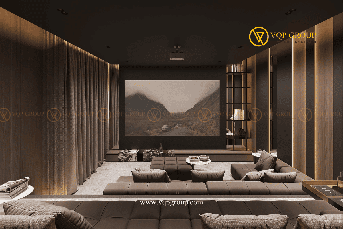 Thiết kế Home Cinema Azalea Homes Gamuda City với sofa nhiều tầng và màn chiếu lớn