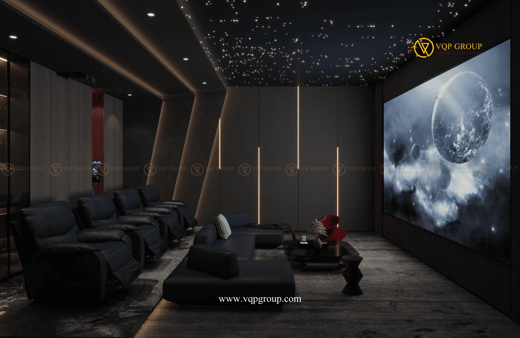 Thiết kế Home Cinema Embassy Garden Tây Hồ Tây với màn hình lớn và trần ánh sao