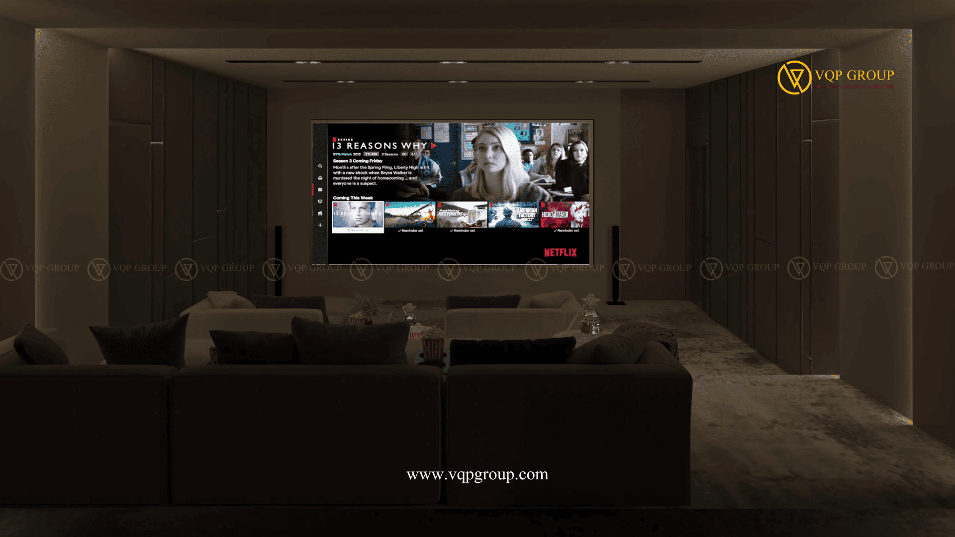 Thiết kế Home Cinema Vinhomes Skylake Phạm Hùng với sofa lounge và màn hình lớn
