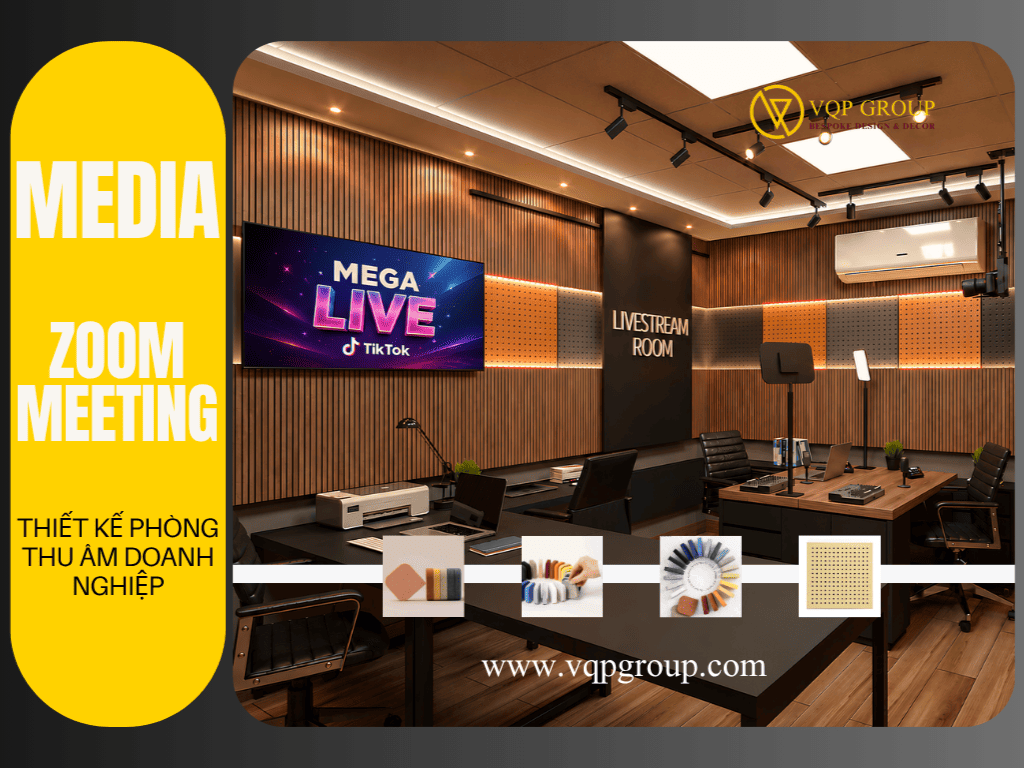Thiết kế phòng thu âm cho doanh nghiệp tích hợp màn hình TV hiển thị phòng Mega Live hiện đại tại tòa nhà The Manor Tower