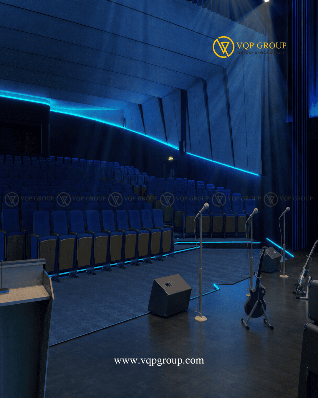 Thiết kế tường tiêu âm Future Acoustic Auditorium tại Hà Nội nhìn từ khu vực sân khấu