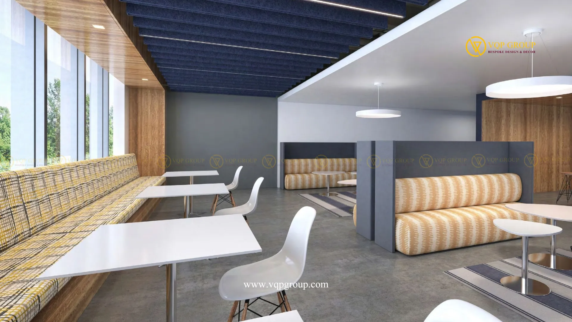 Trần acoustic baffle PET tiêu âm pantry và khu café nội bộ văn phòng