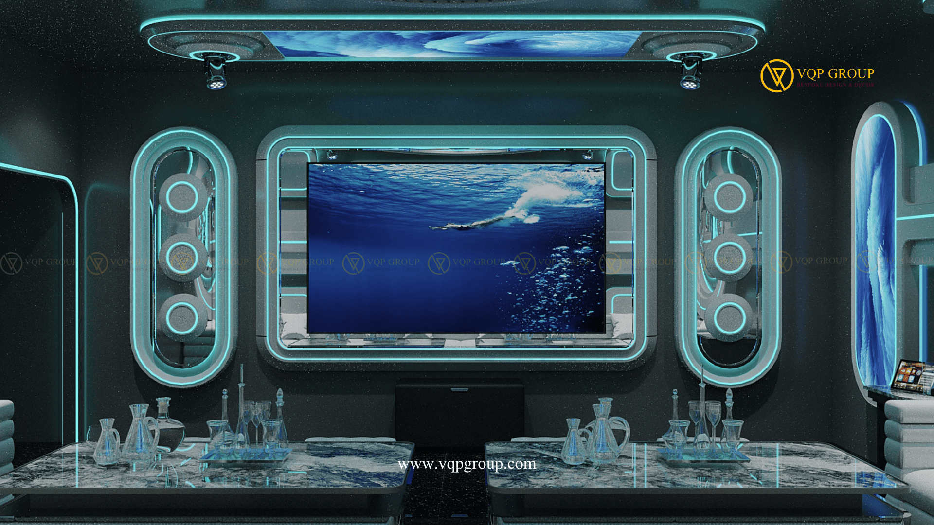 Tổng thể Aqua Future Private Karaoke Vinhomes Ocean Park 2 với sofa lounge và ánh sáng cyan