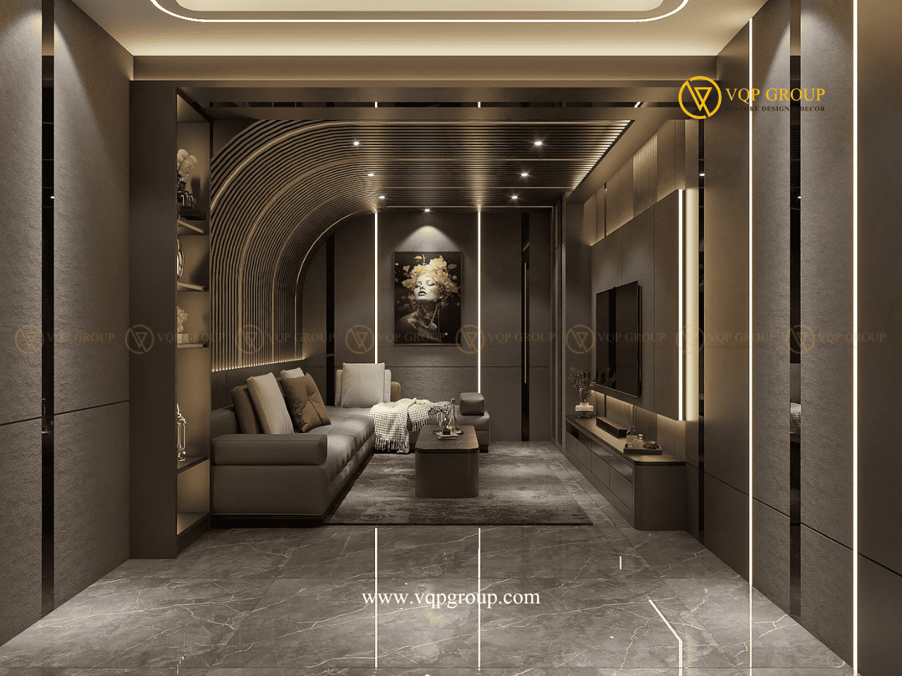 Tổng thể Entertainment Room Modern Luxury với sofa lounge và hệ nan trần uốn cong