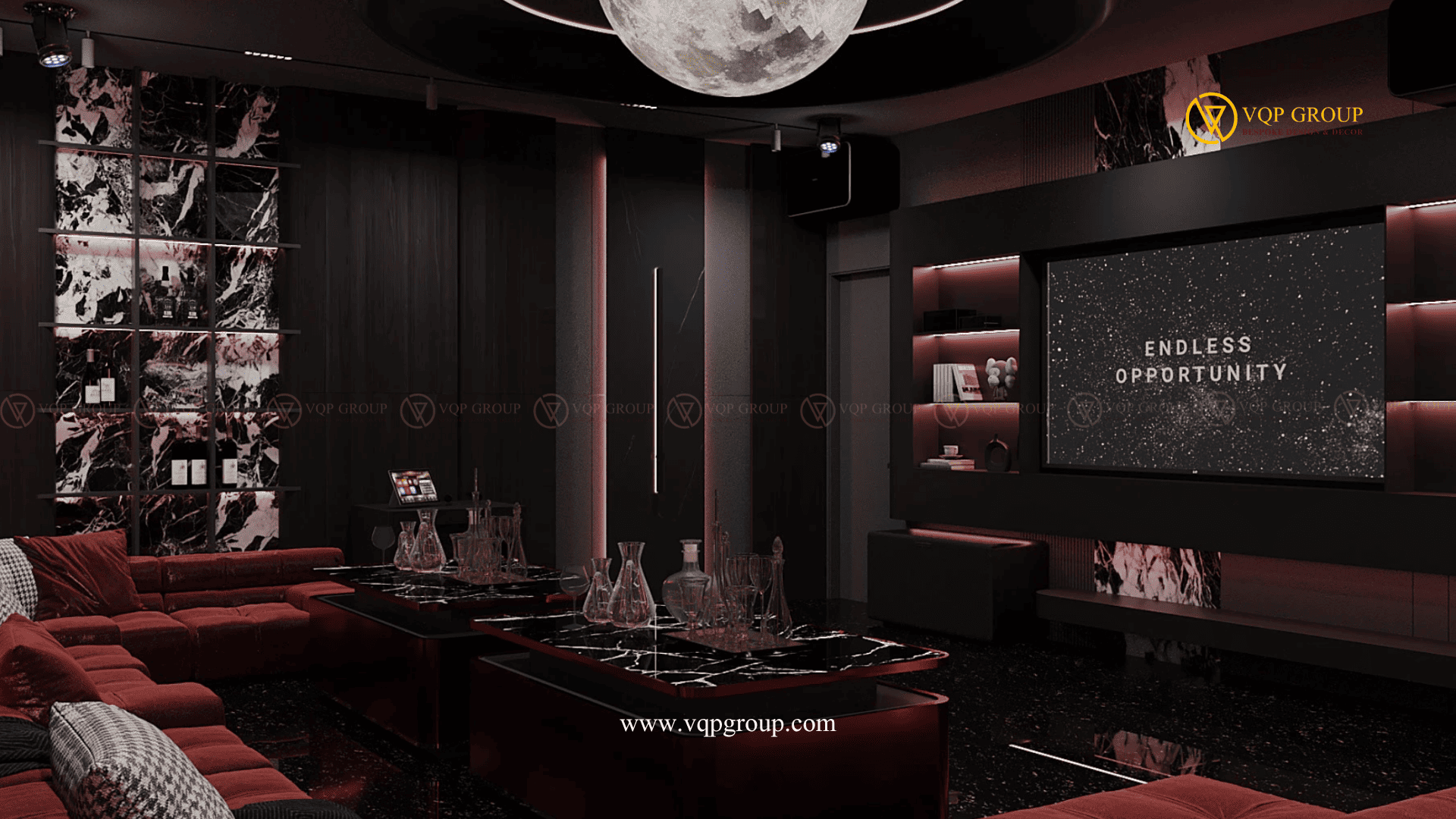Tổng thể Lunar Private Karaoke Lounge Ciputra Hanoi với sofa burgundy và Lunar Art Wall