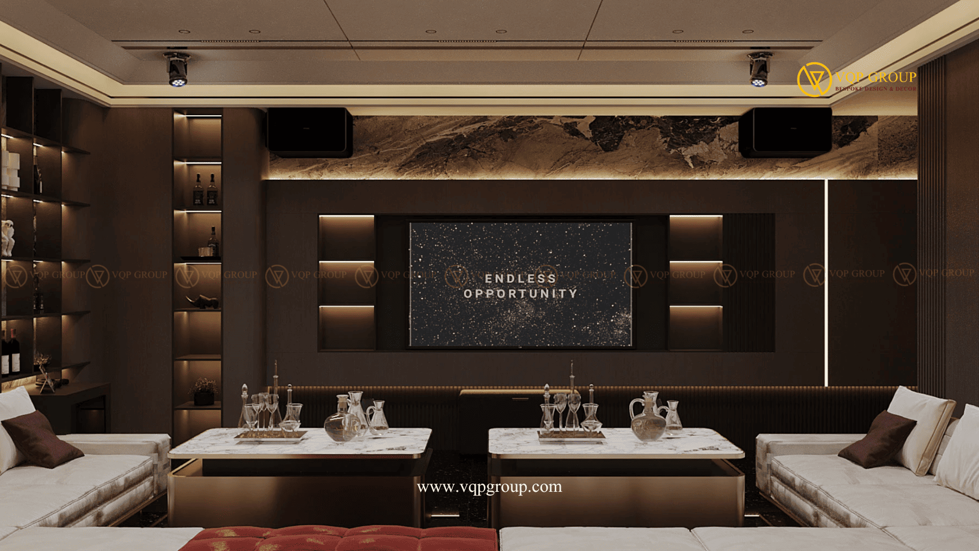 Tổng thể Modern Luxury Private Karaoke Vinhomes The Harmony với sofa lounge bố trí đối xứng