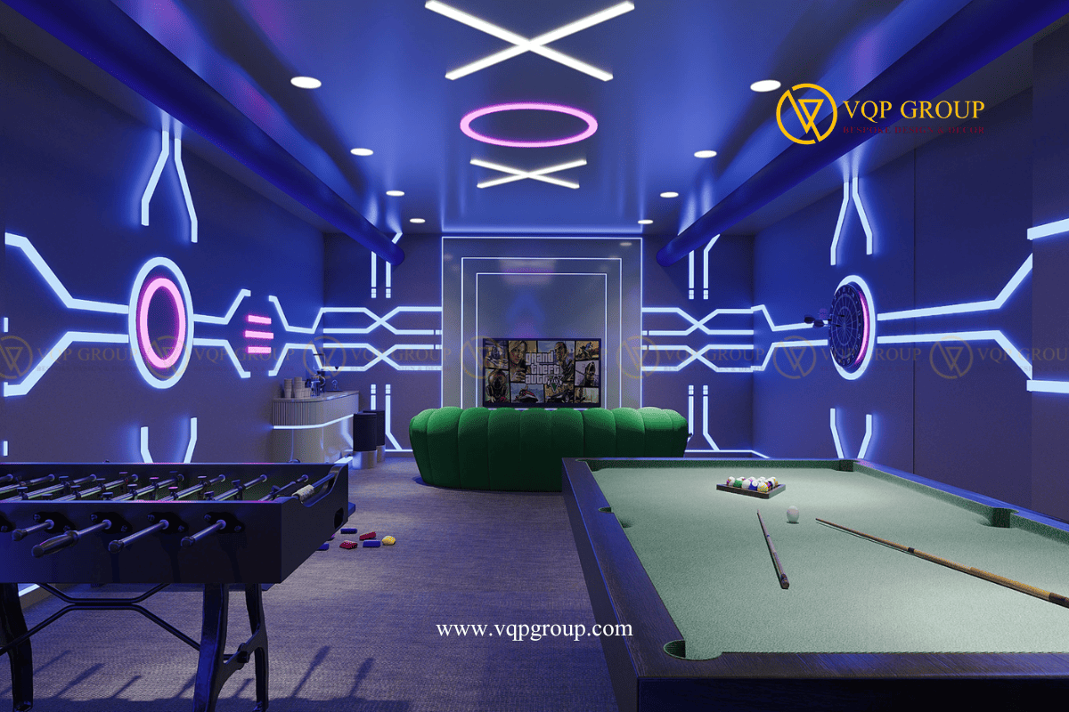 Tổng thể Neon Circuit Private Game Lounge An Hưng với bàn billiards bàn bi lắc và sofa xanh