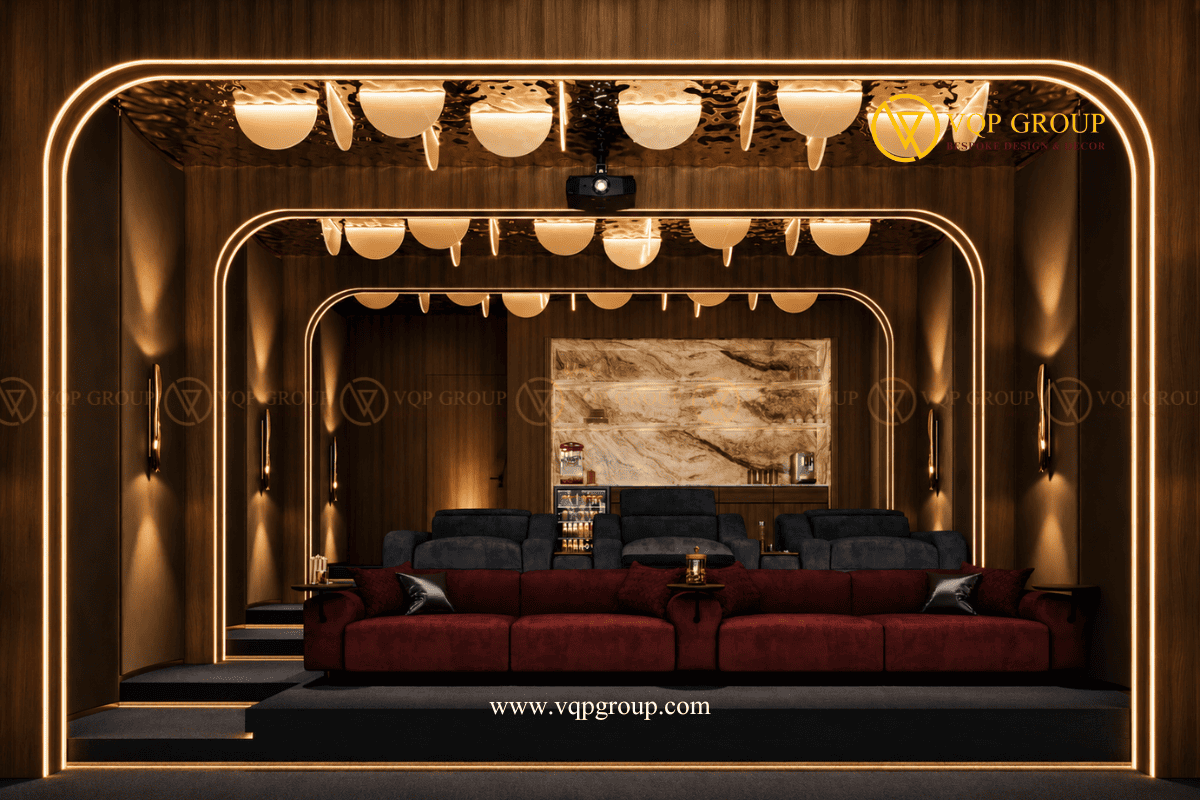 Trần nghệ thuật Home Cinema Splendora Bắc An Khánh với ánh sáng vàng