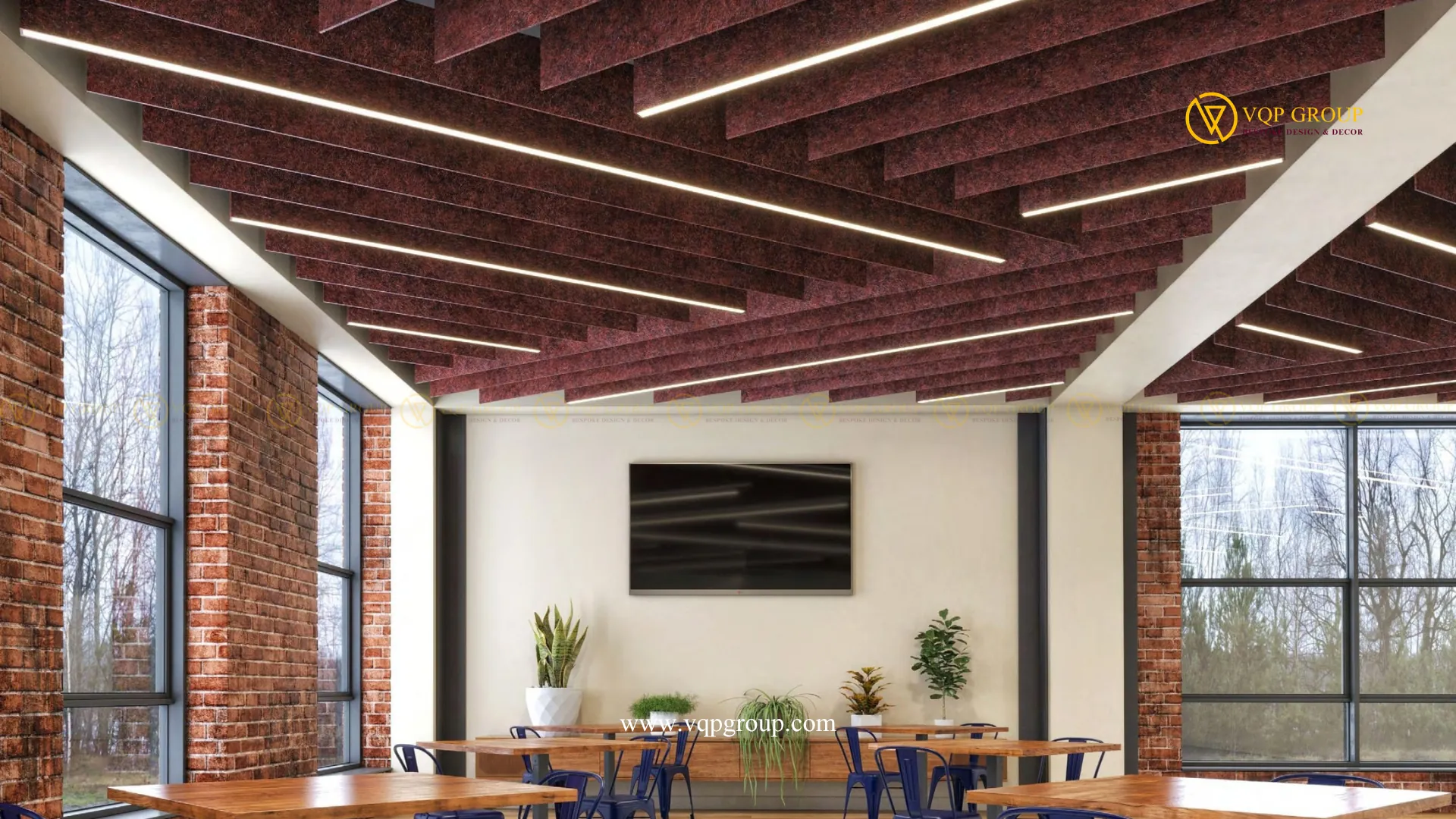 Trần PET Acoustic baffle tích hợp đèn cho café nội bộ văn phòng