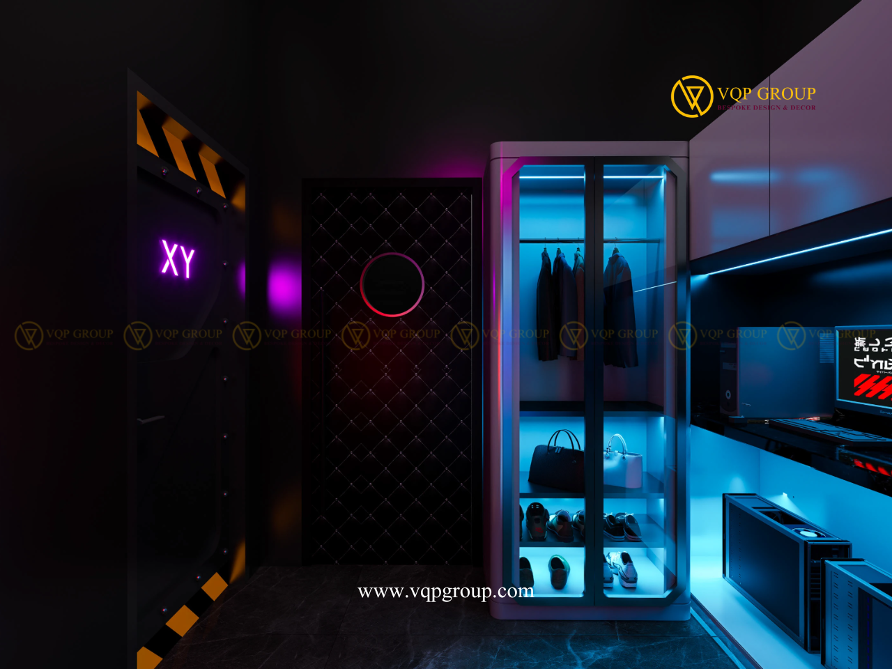 Tủ lưu trữ Neon Galaxy Private Karaoke The Harmony với ánh sáng cyan và workstation