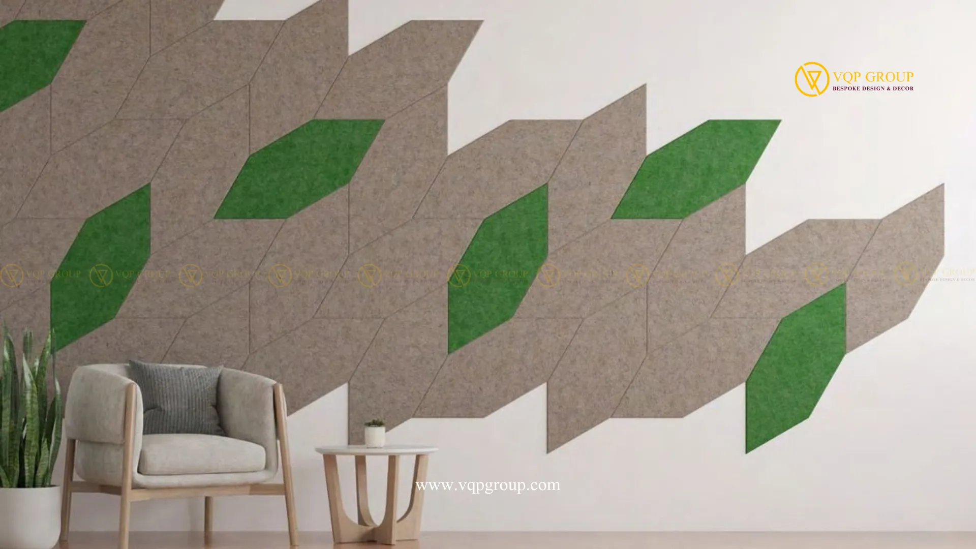 Tường PET Acoustic trang trí hình học màu xám và xanh lá