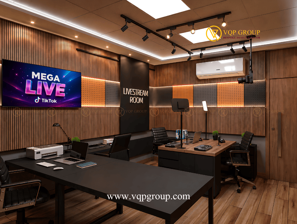 Cận cảnh hệ vách gỗ nan dọc kết hợp các khối panel tiêu âm đục lỗ nhiều màu sắc thẩm mỹ tại dự án phòng thu doanh nghiệp The Manor Tower