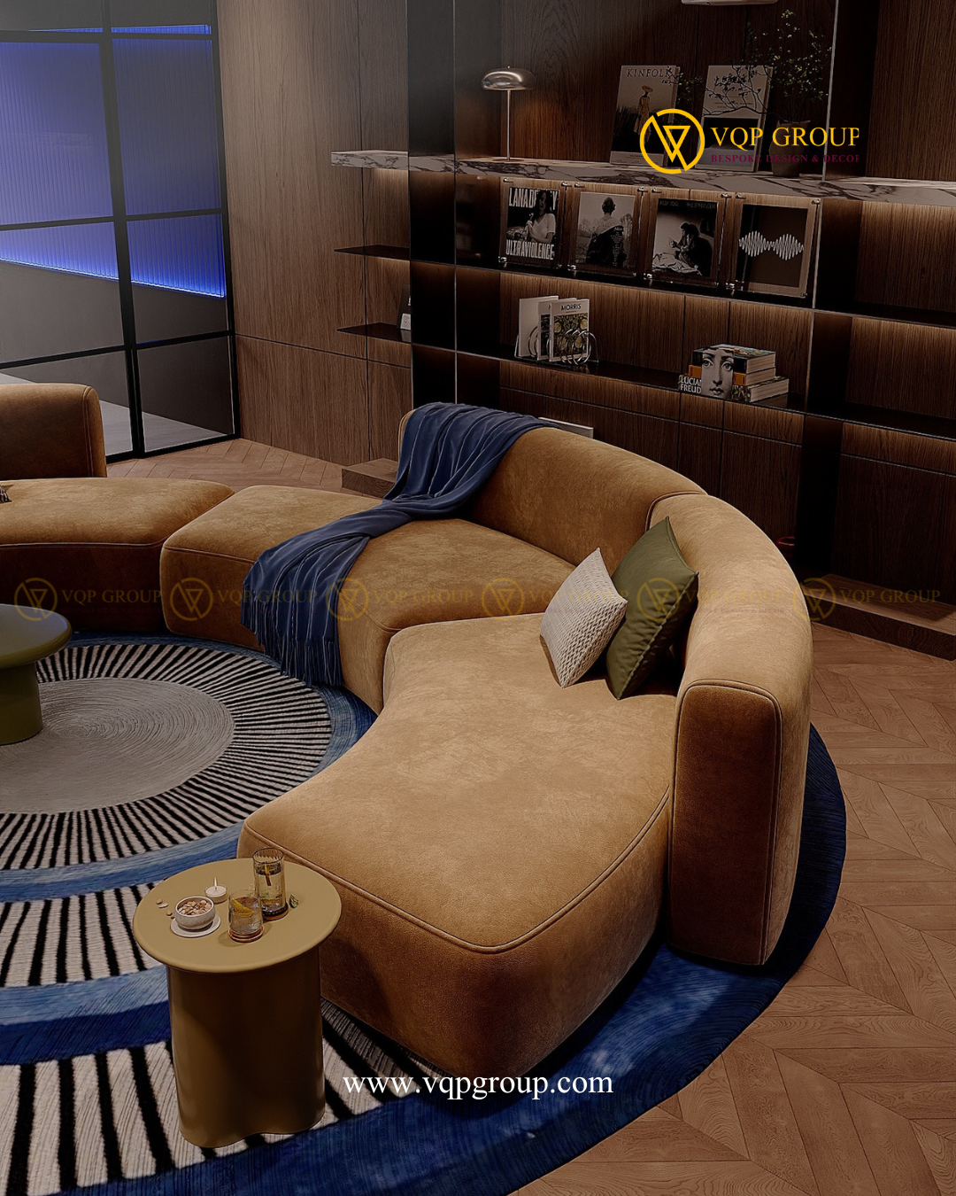 Sofa lounge và hệ tủ trưng bày trong VELORA FAMILY CINEMA Vinhomes Royal Island
