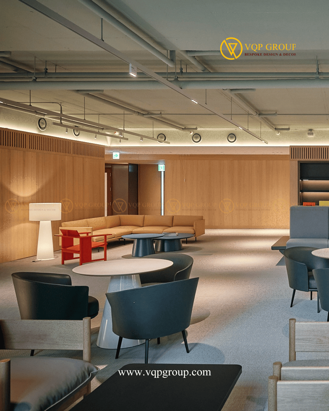 Workplace lounge tông gỗ với nhiều cụm ngồi và vật liệu nội thất mềm