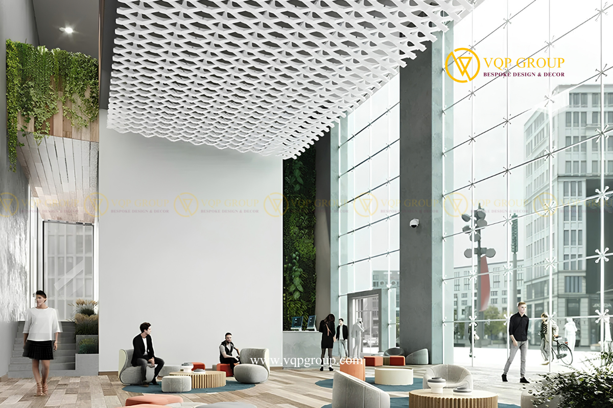 Hệ trần tiêu âm PET Amplitude màu trắng dạng lưới 3D trong không gian sảnh cao tầng