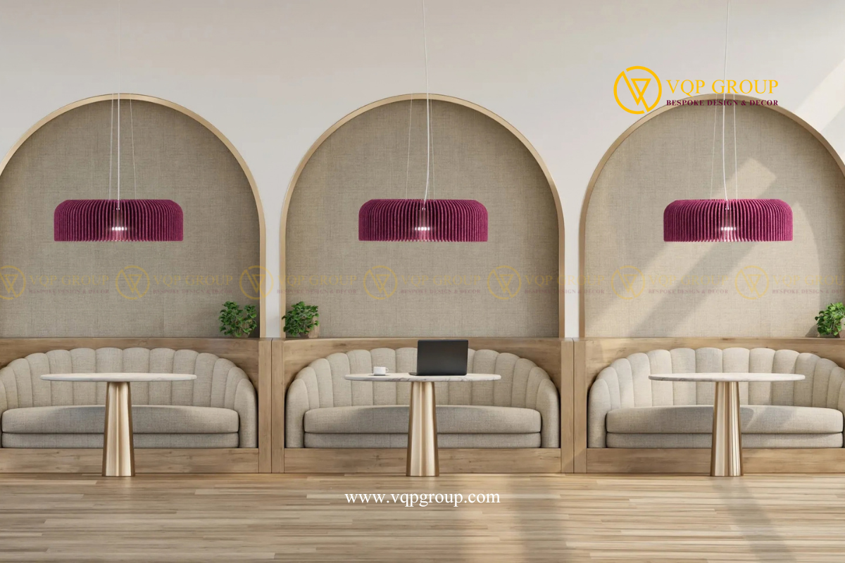 Ứng dụng đèn treo PET nan cong hình chuông VQP-PET-C006 trong không gian lounge hiện đại