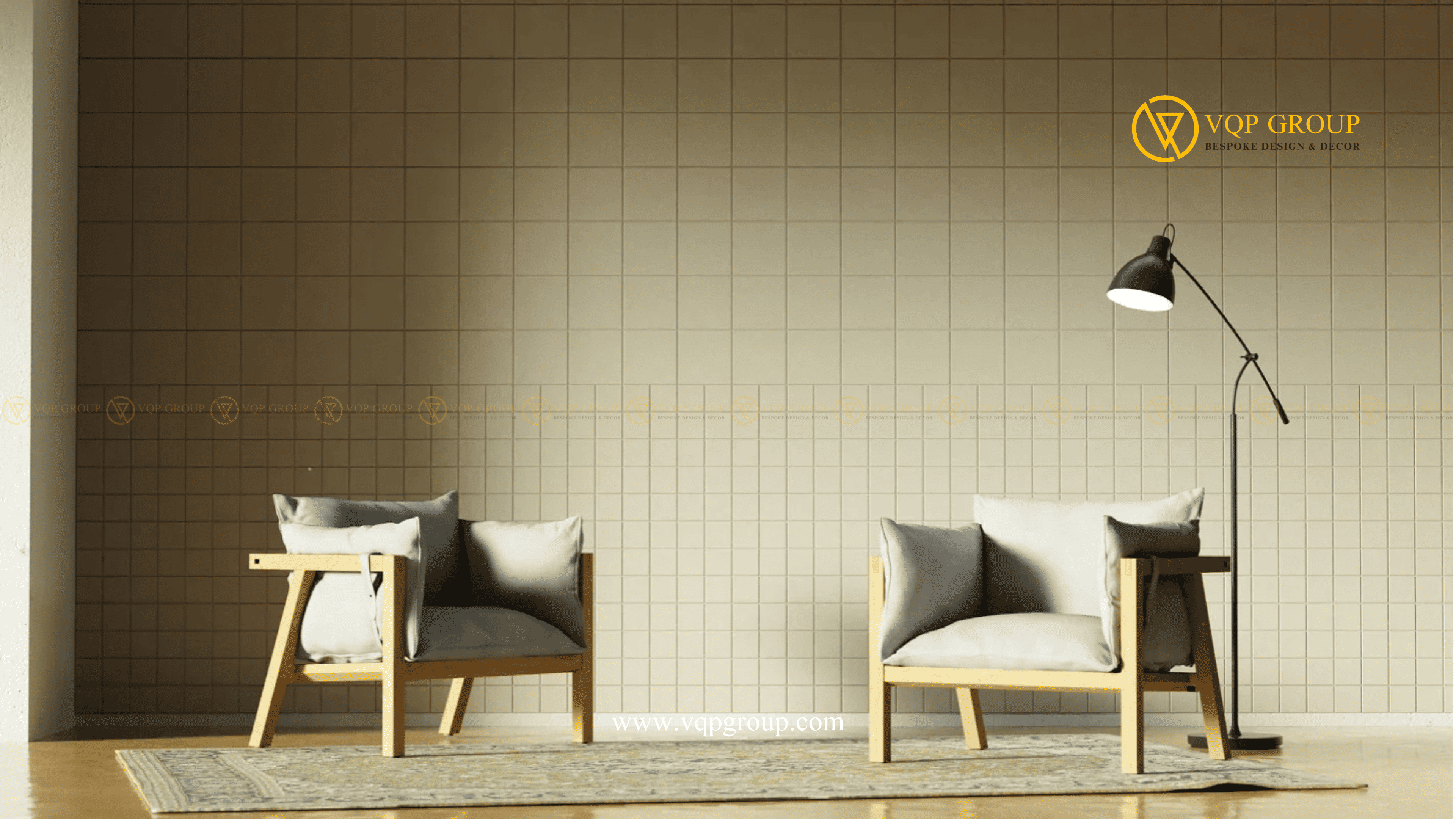 Tấm tiêu âm Grid M PET Acoustic màu be trong không gian lounge hiện đại