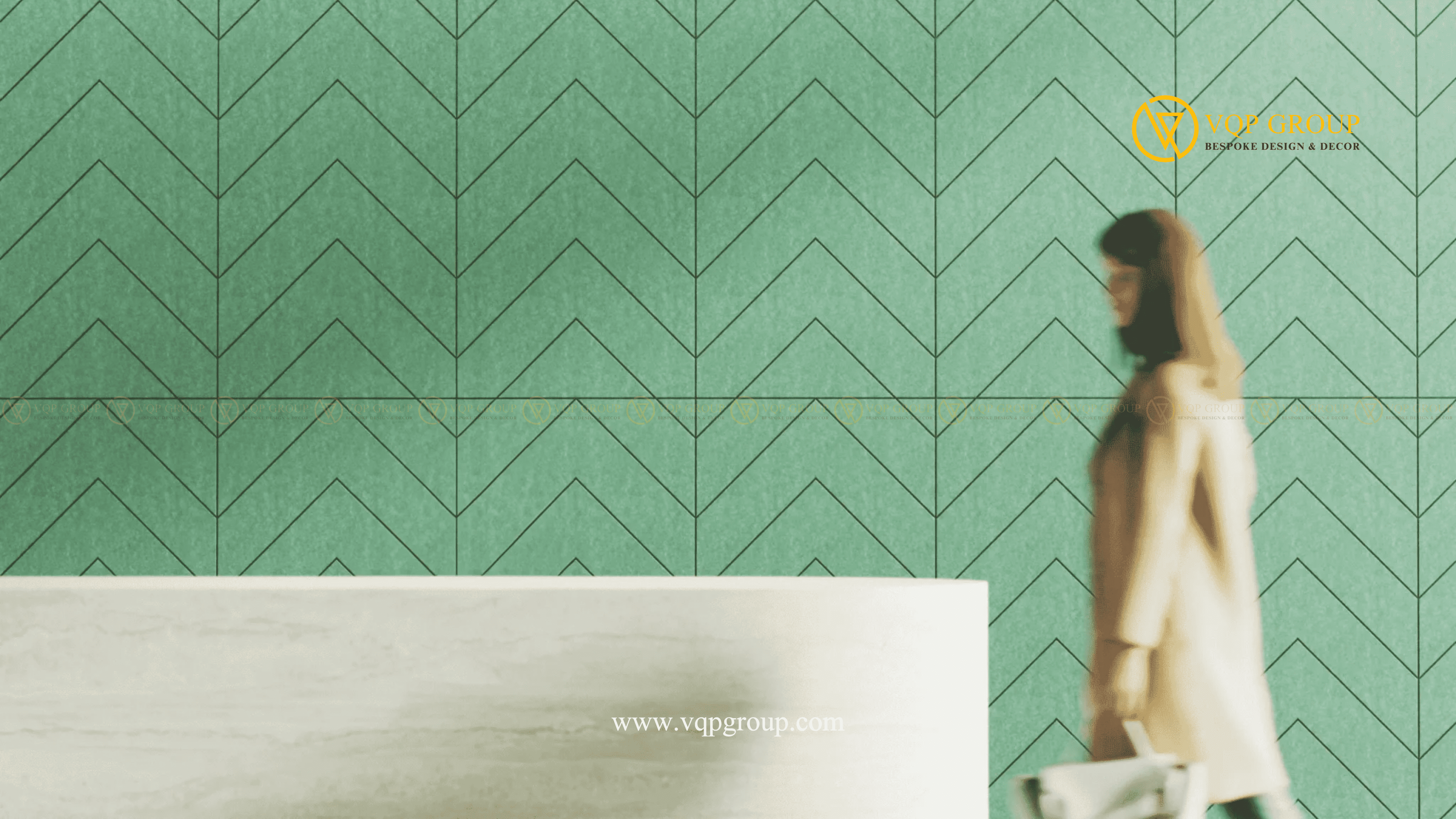Tường PET Acoustic Chevron M màu xanh trong không gian văn phòng hiện đại