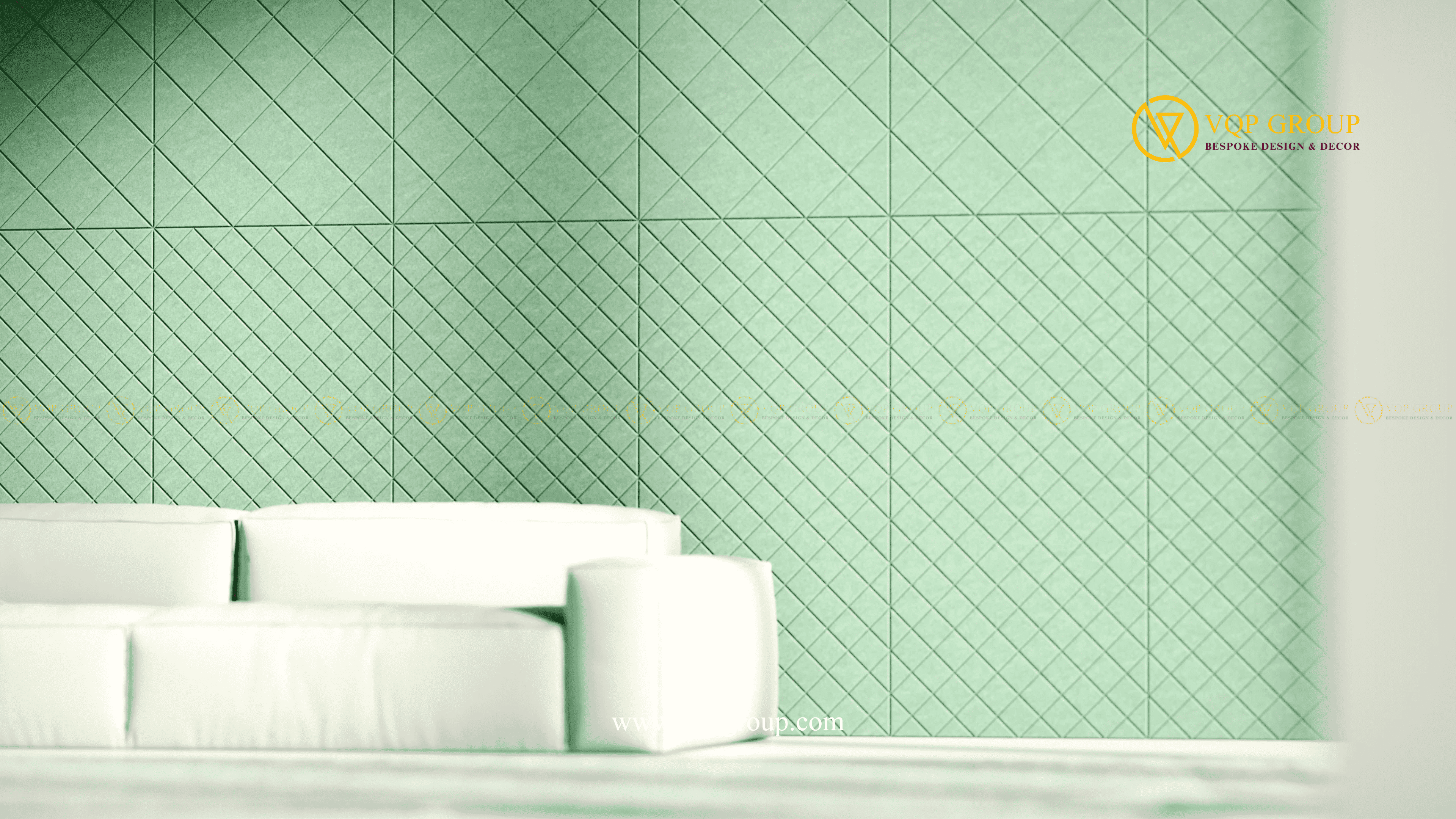 Tấm ốp tường tiêu âm Caro L PET Acoustic màu xanh mint trong không gian lounge