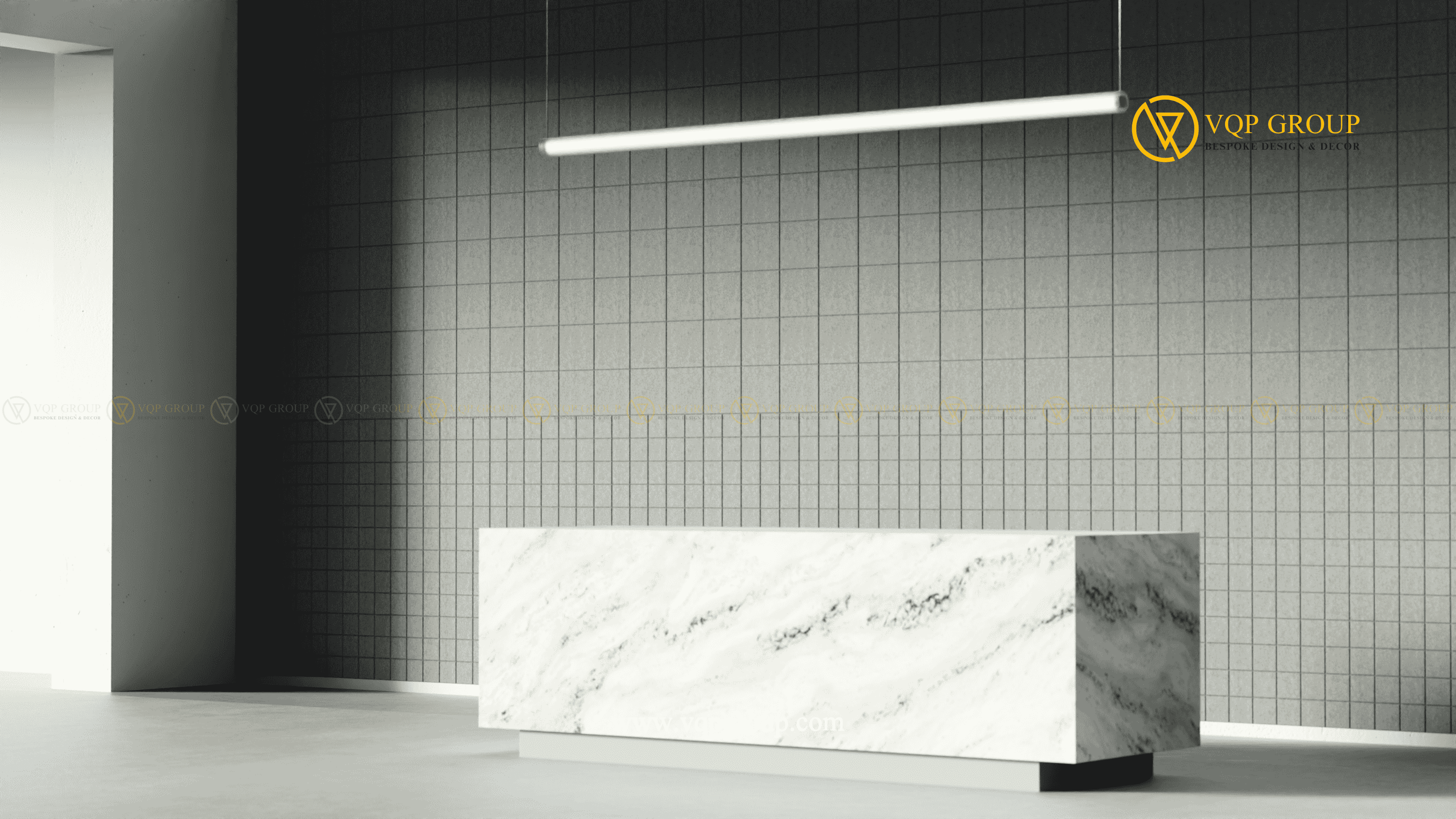 Tấm ốp tường tiêu âm Grid M PET Acoustic màu xám cho khu vực reception hiện đại