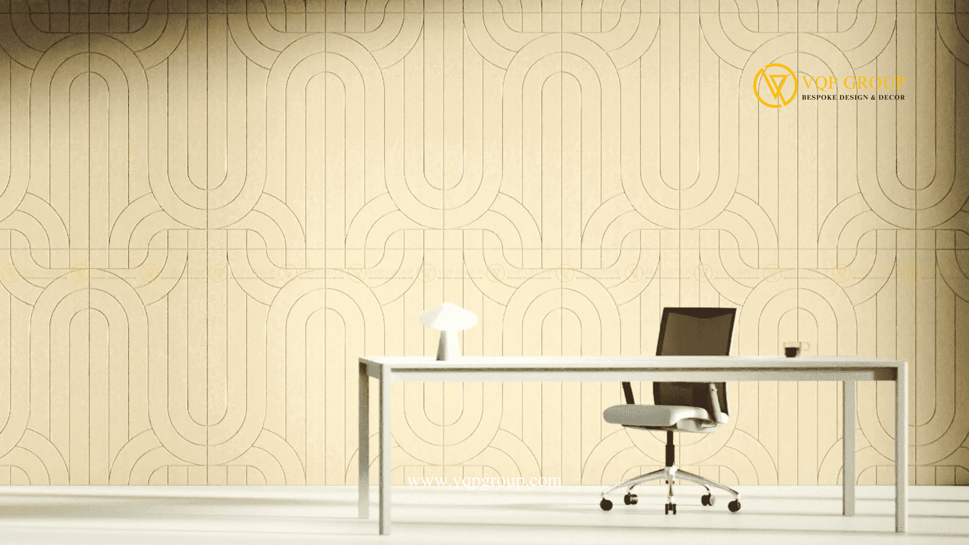 Tấm ốp tường tiêu âm INTERPLACE màu beige tại góc làm việc