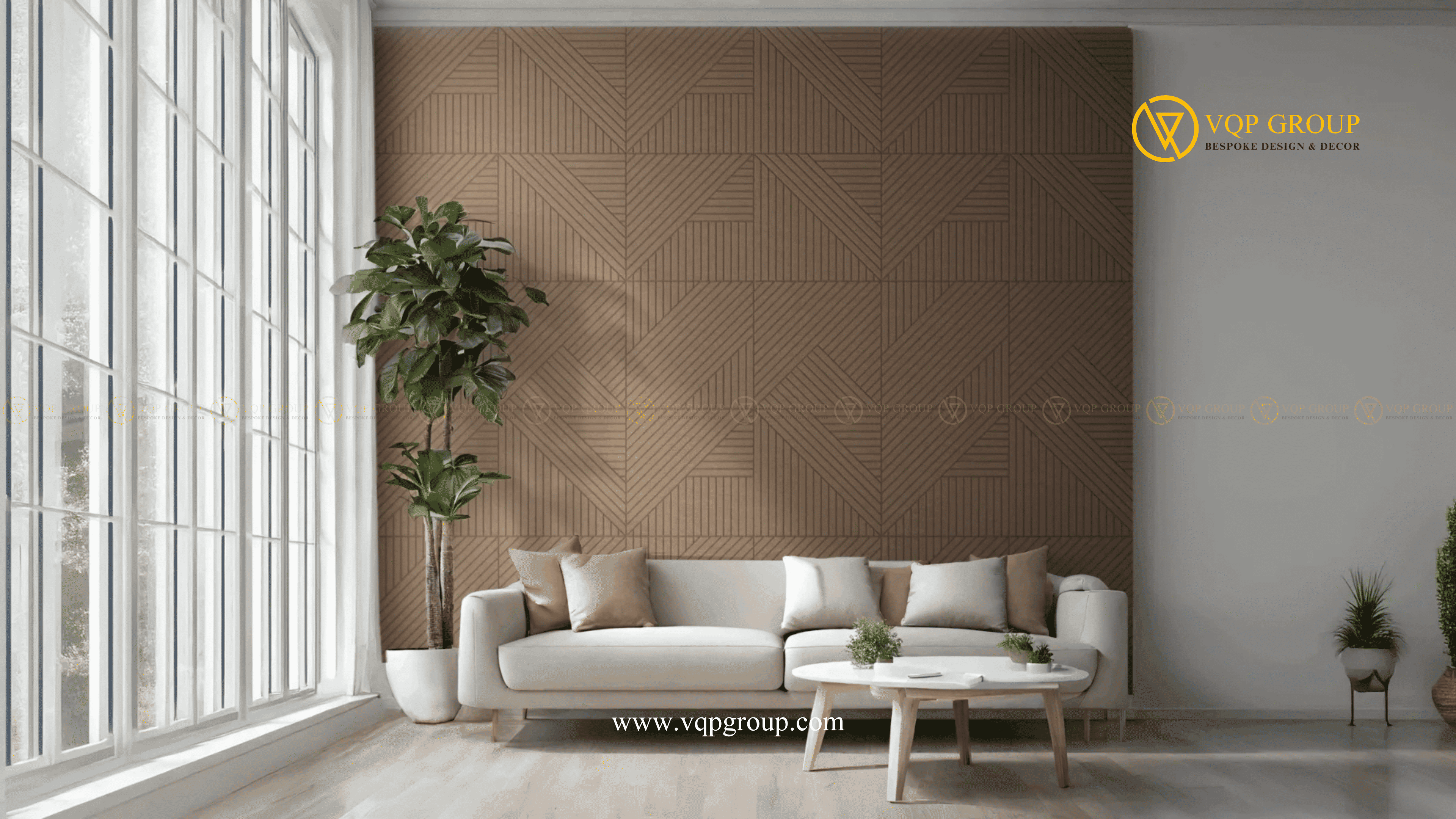 Tấm ốp tường tiêu âm SLANT tông nâu trong không gian phòng khách hiện đại